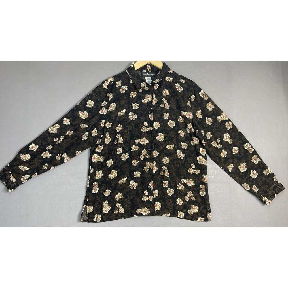 Sag Harbor Womens Shirt Blouse Sz 14 Buttons Long Sleeve Brown Flowers Polyester